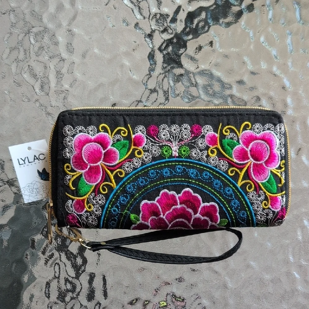 Lylac Colorful Zip Around Floral Embroidered Wallet Wristlet Black Pink